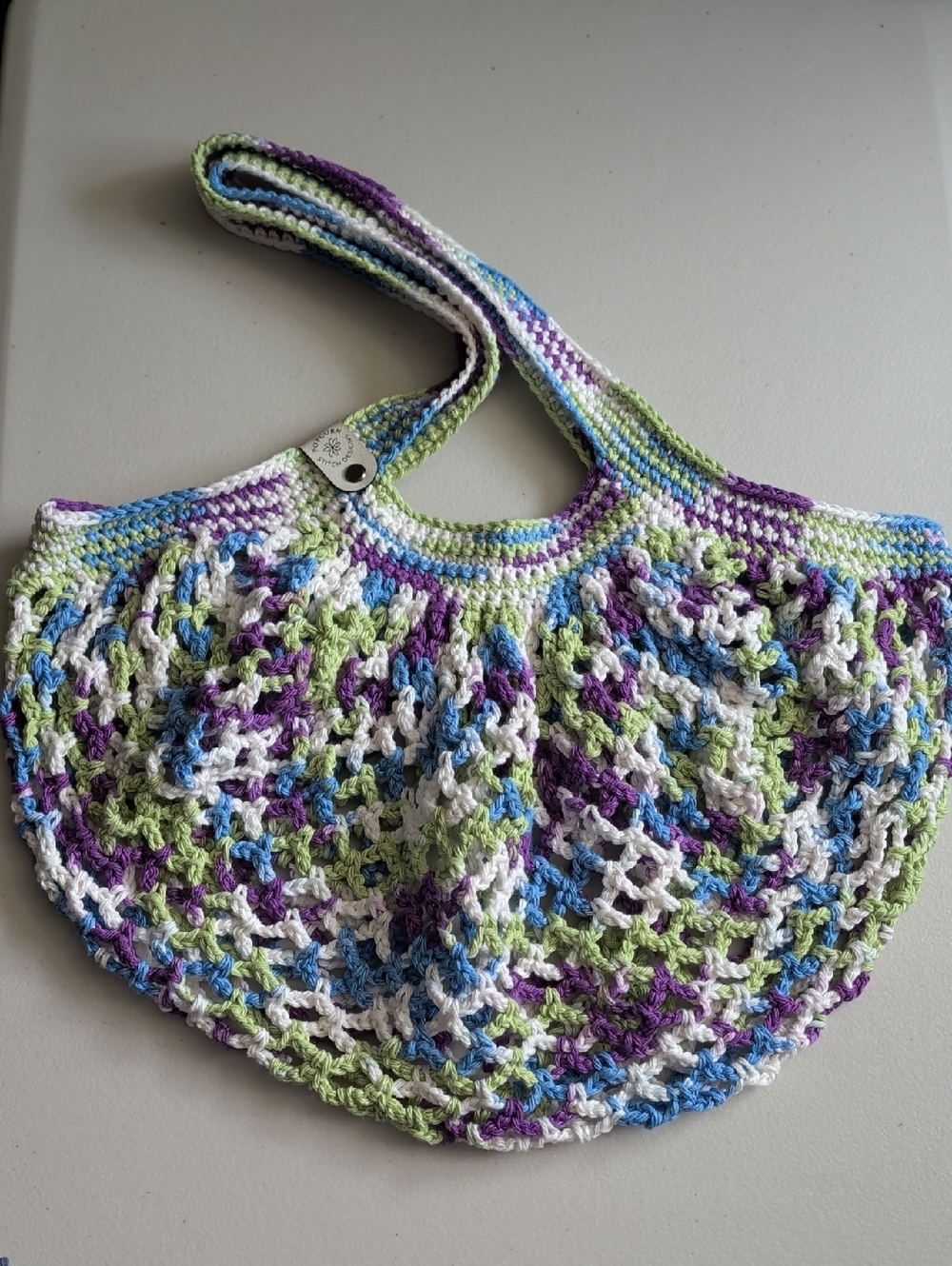 Handmade Crochet Cotton Mesh Market Bag in White, Purple, Green & Blue